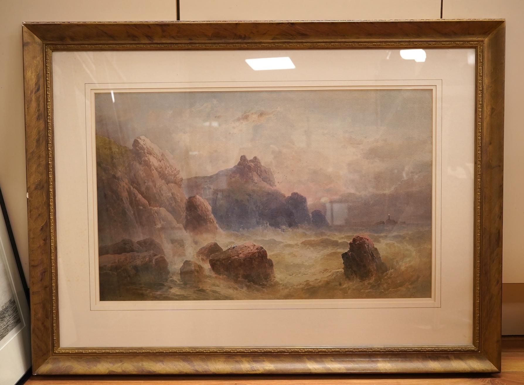 English School, Rocky coastal scene, indistinctly signed, watercolour, 35 x 50cm